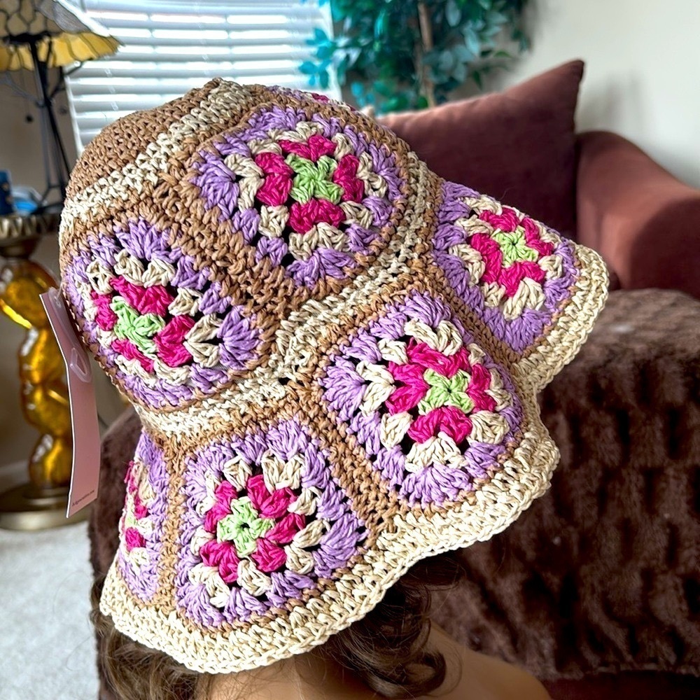 Brand New BCBGeneration Straw Woven Hat Crochet Patchwork Floral Floppy Beach - Picture 11 of 15